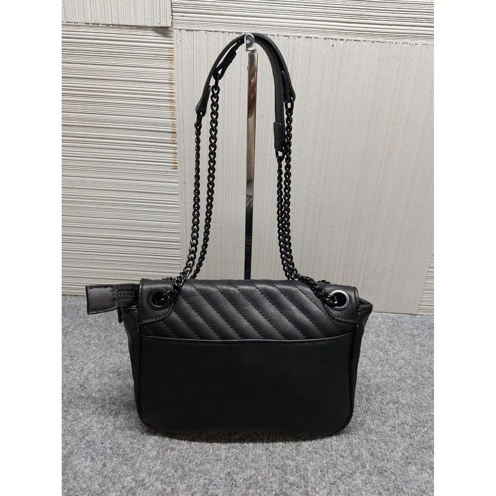 Badgley Mischka Women Shoulder Bag Black Faux Leather Logo Closure Chain Straps